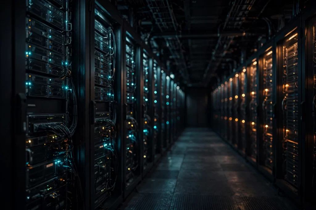 Dark data centre corridor with glowing server racks