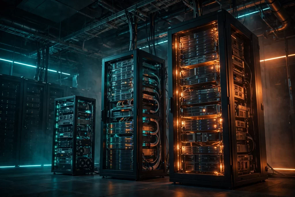 Three server racks ascending in size