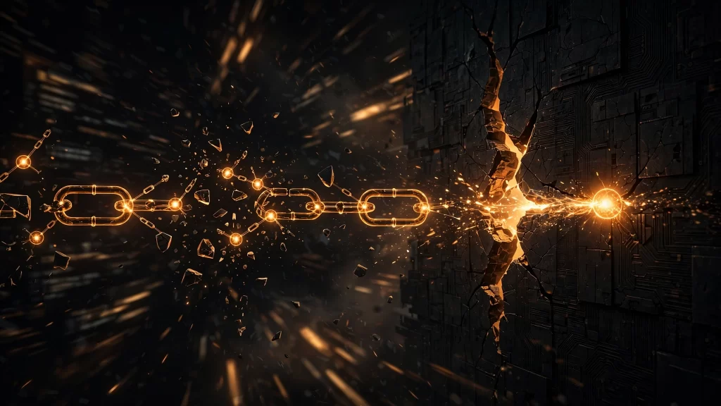 A glowing amber chain of network nodes breaking through a cracked digital wall