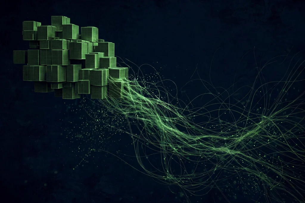 Node2Shell: green compressed data blocks unraveling into threads on a dark background